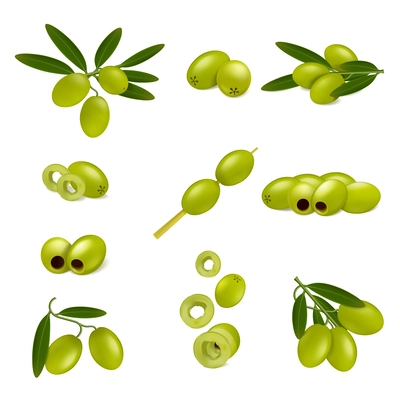 Set with green olives realistic icons with isolated images of ripe olives leaves slices and stick vector illustration