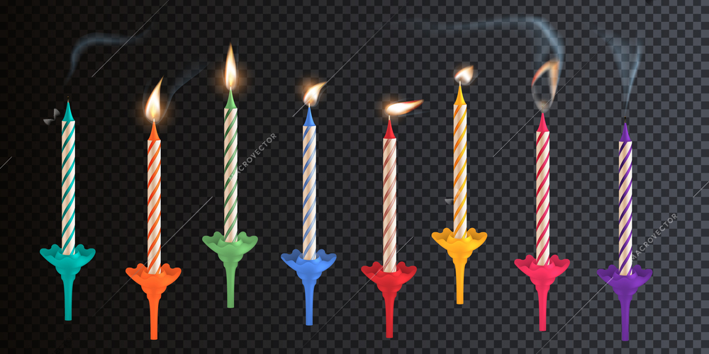 Birthday candles realistic set with transparent background and similar isolated candles for cakes of different color vector illustration