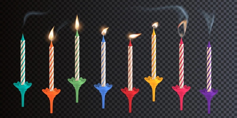 Birthday candles realistic set with transparent background and similar isolated candles for cakes of different color vector illustration