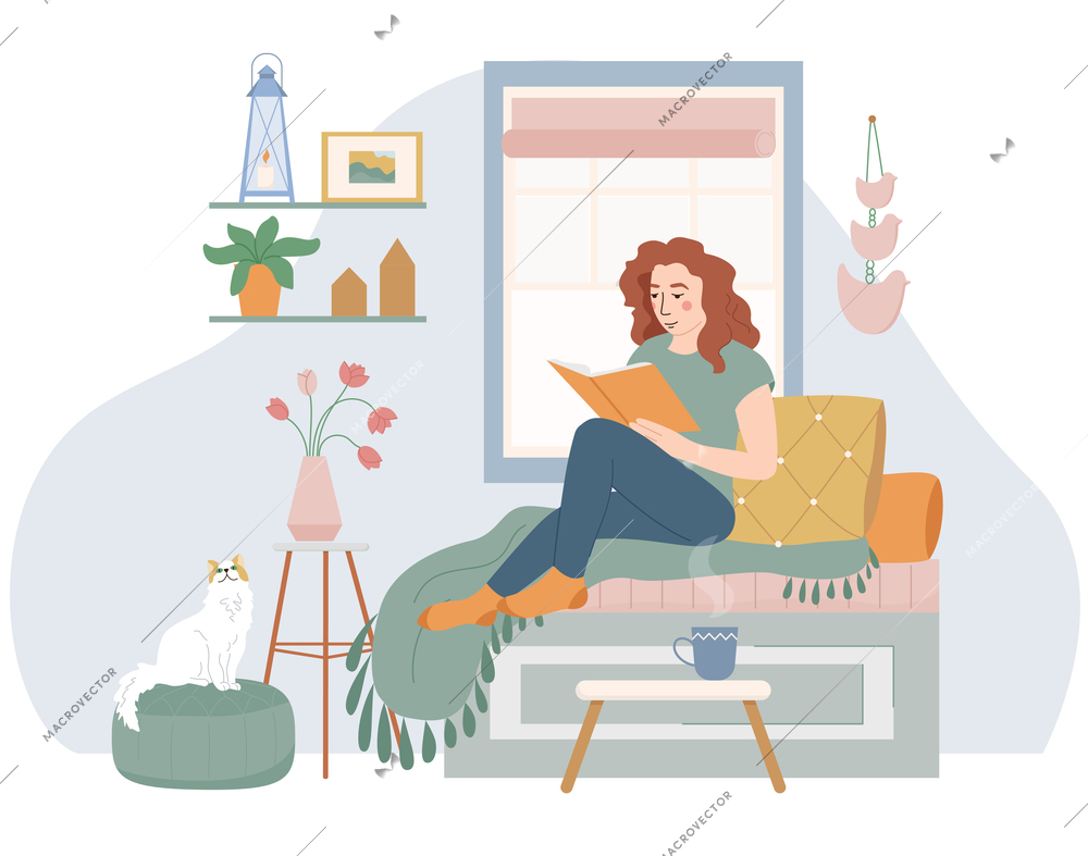 Lagom life flat composition of room interior with flowers window cat and reading woman on sofa vector illustration