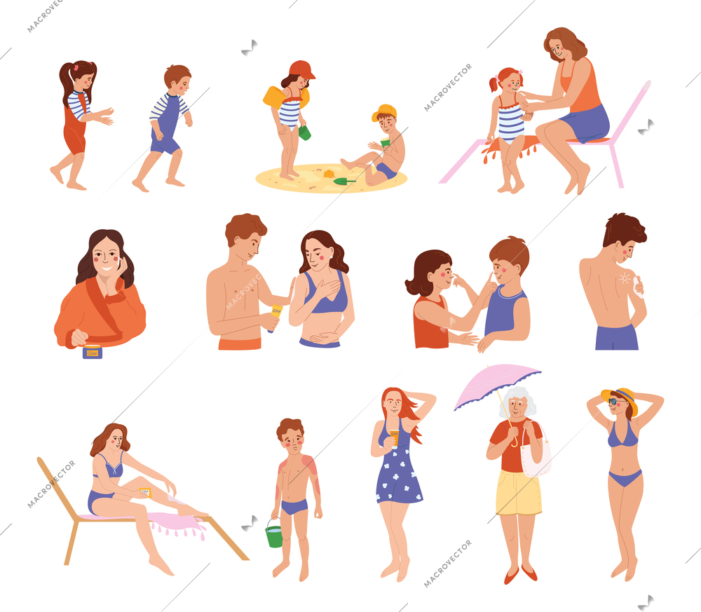 Sun protection set with flat isolated icons and doodle human characters applying sunscreen creams holding umbrellas vector illustration