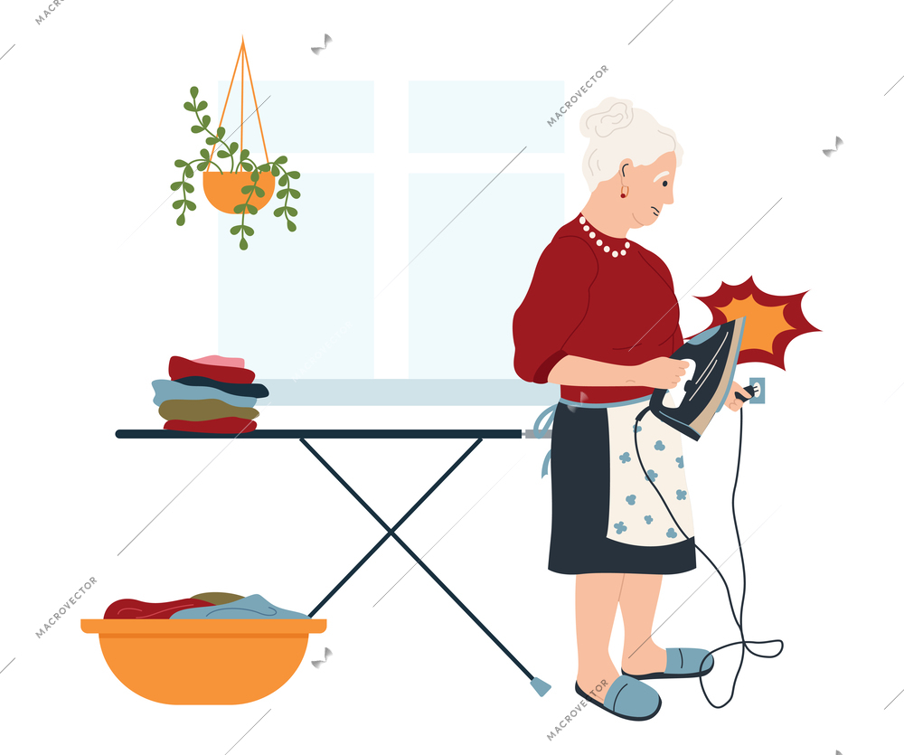Household injuries flat background composition with view of old woman getting burn wound while ironing clothes vector illustration