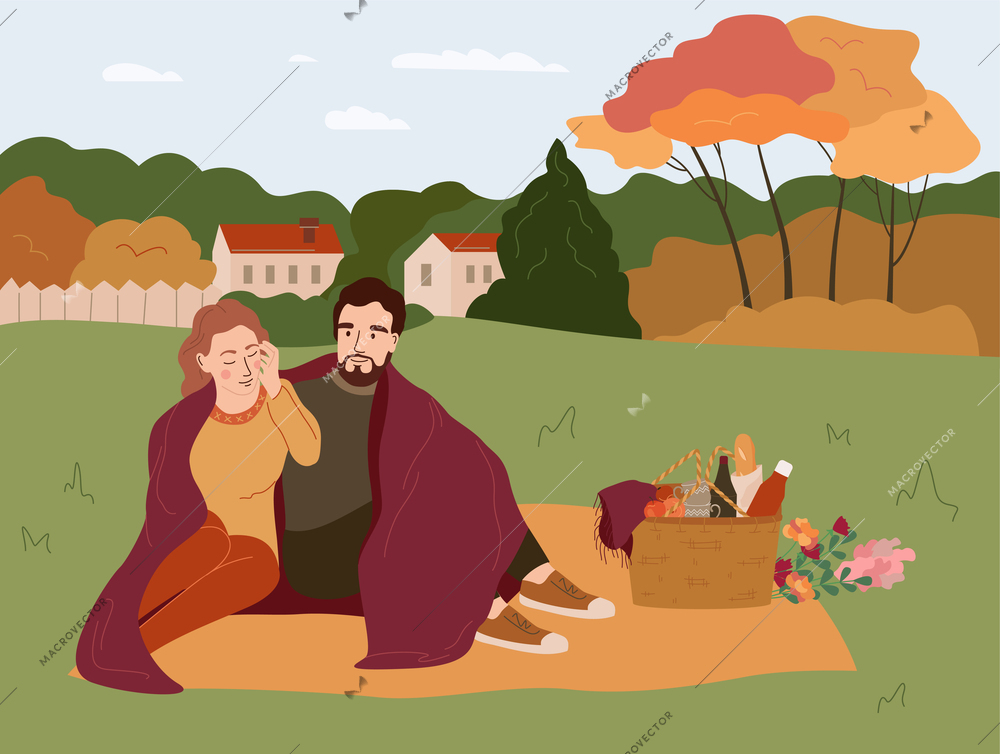 Hugge lifestyle flat composition with suburban outdoor landscape and loving couple having basket lunch on grass vector illustration