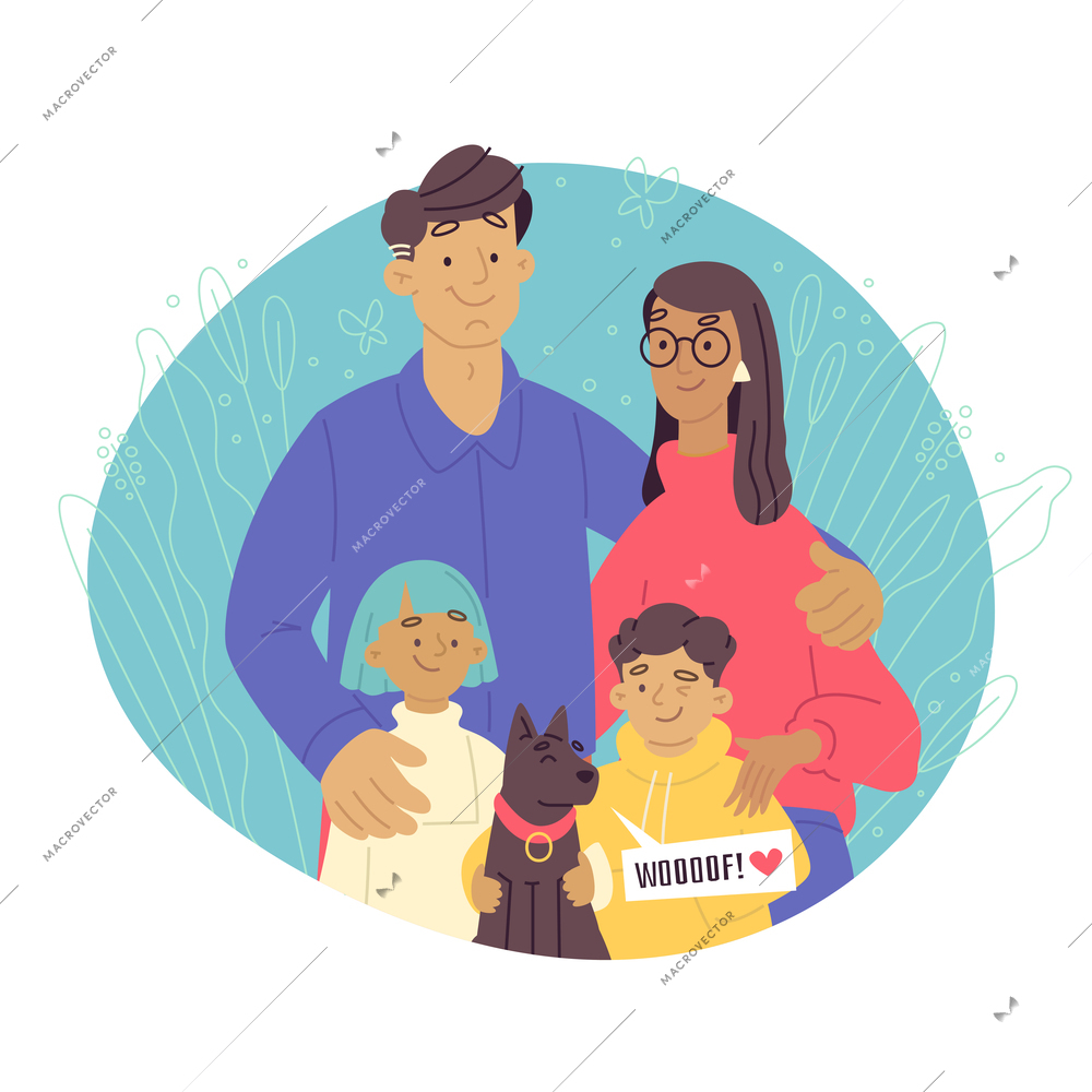 Happy family concept with flat half length portrait of smiling parents children and dog vector illustration