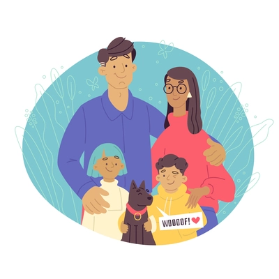 Happy family concept with flat half length portrait of smiling parents children and dog vector illustration