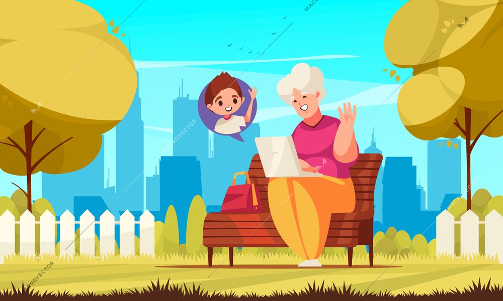 Old relatives composition with grandmother making video call to grandson from park cartoon vector illustration