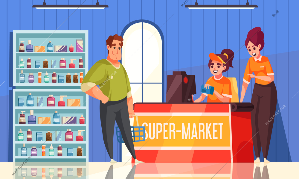 Teenager first job composition with young girl working in supermarket cartoon vector illustration