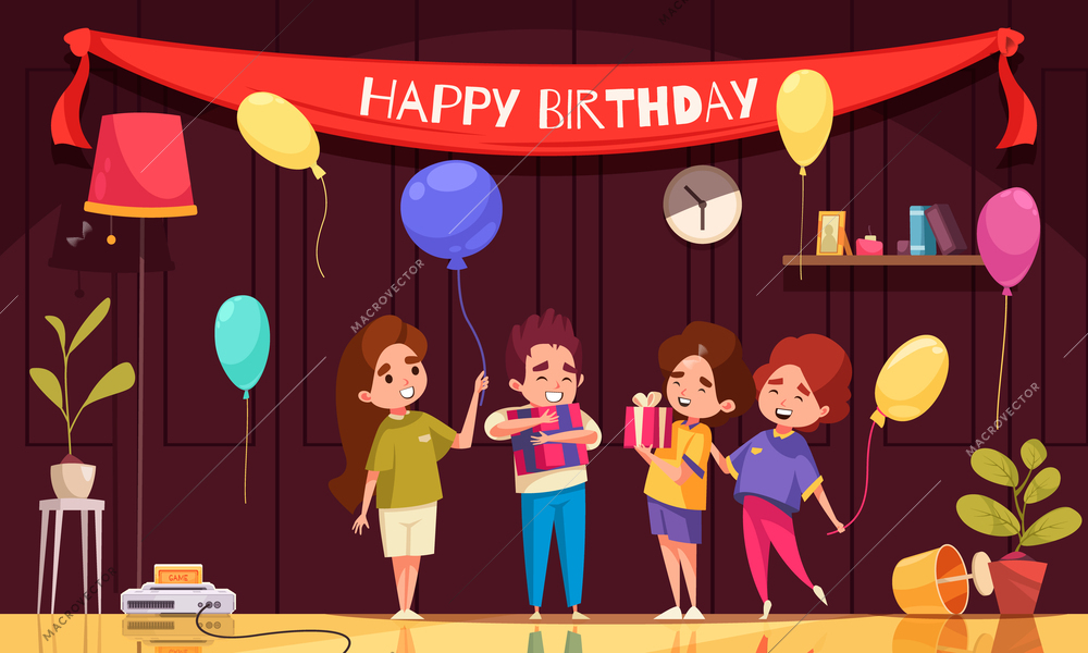 Birthday celebration party with children giving presents cartoon vector illustration