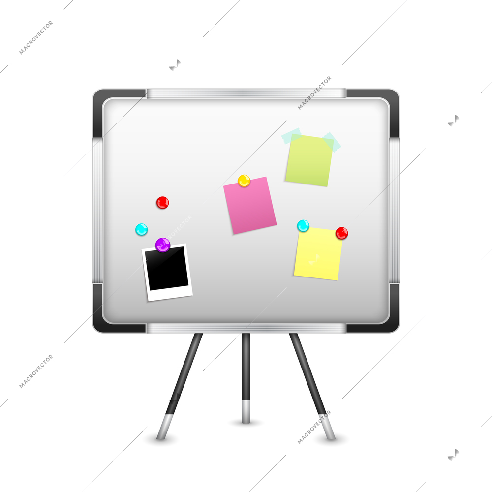 Board with sticker notice and magnets isolated on white background vector illustration