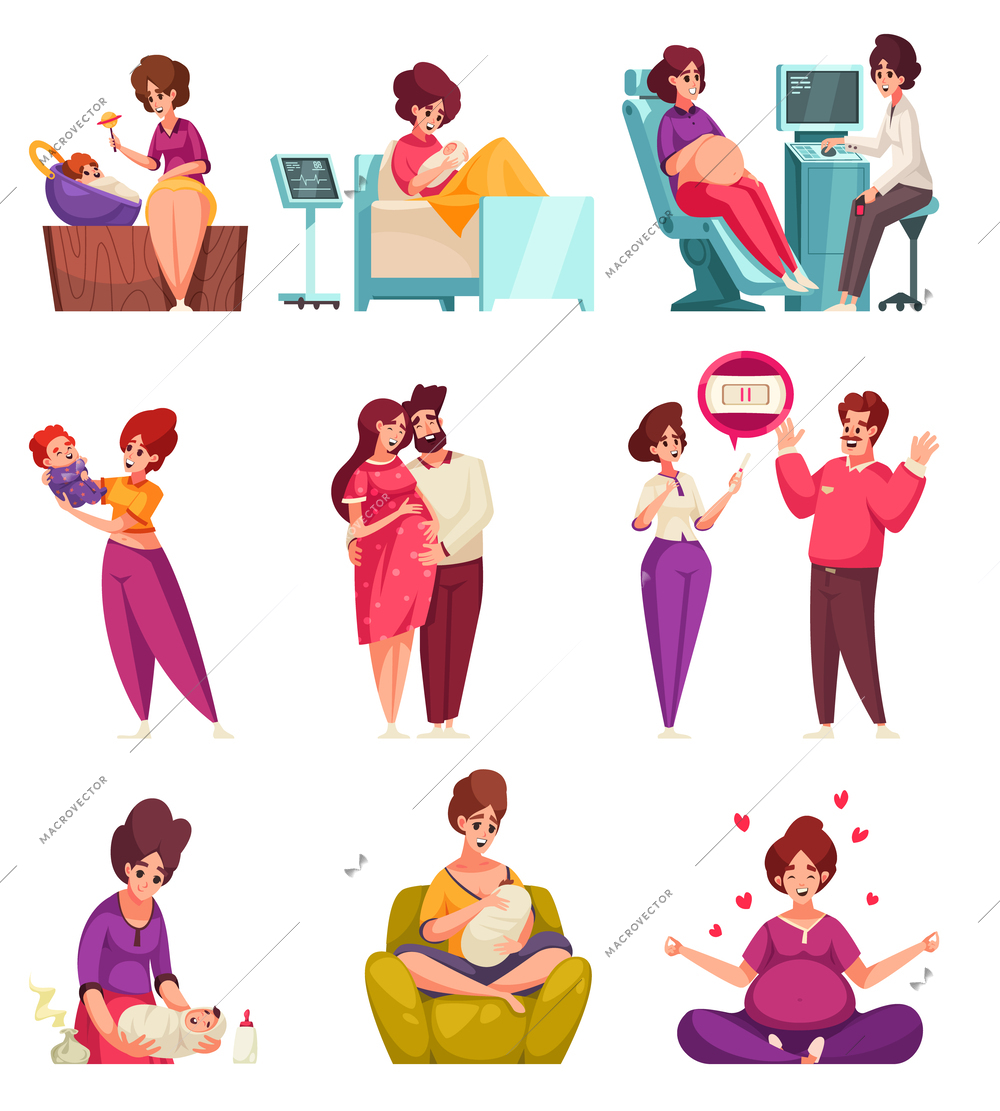 Pregnancy and maternity cartoon icons set with pregnant woman and happy mother with newborn baby isolated vector illustration