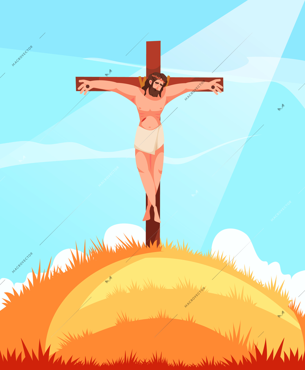 Jusus Christ on crucifixion cross child Bible cartoon scene vector illustration