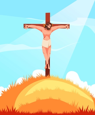 Jusus Christ on crucifixion cross child Bible cartoon scene vector illustration