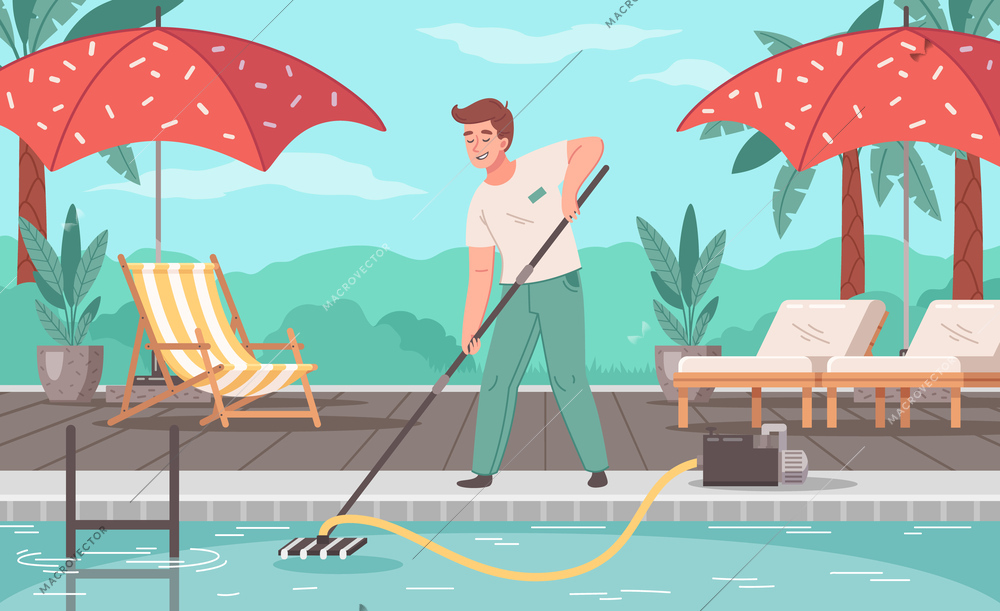 Pool Mantenance Service Summer background with guy cleaning water in swimming zone with vacuum cartoon vector illustration