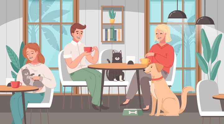 Pet services cartoon background with group of volunteer feeding pets in home interior flat vector illustration