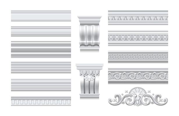 Fragments of seiling crowns skirtings and cornice moulding in classic style isolated on white background realistic vector illustration