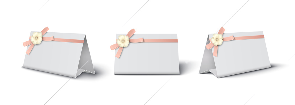Three white cardboard place cards decorated with pink bow and flower realistic mockup isolated vector illustration