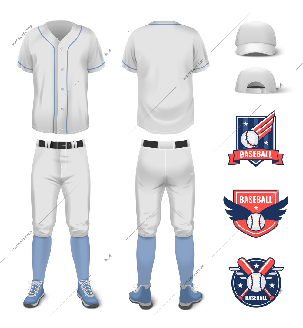 Baseball sport jersey uniform realistic mockup with different logo emblems isolated vector illustration