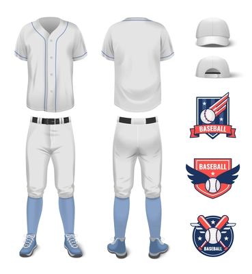 Baseball sport jersey uniform realistic mockup with different logo emblems isolated vector illustration