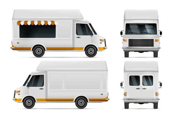 Realistic white blank food truck mockup set with side back and front views isolated vector illustration