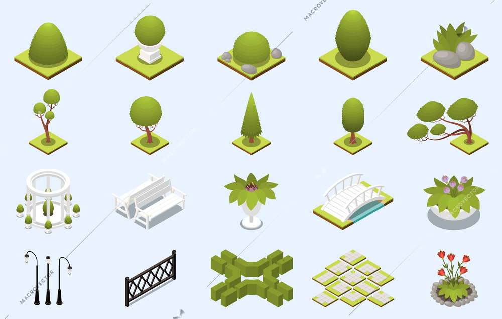 Park landscape design with nature elements isometric set isolated vector illustration