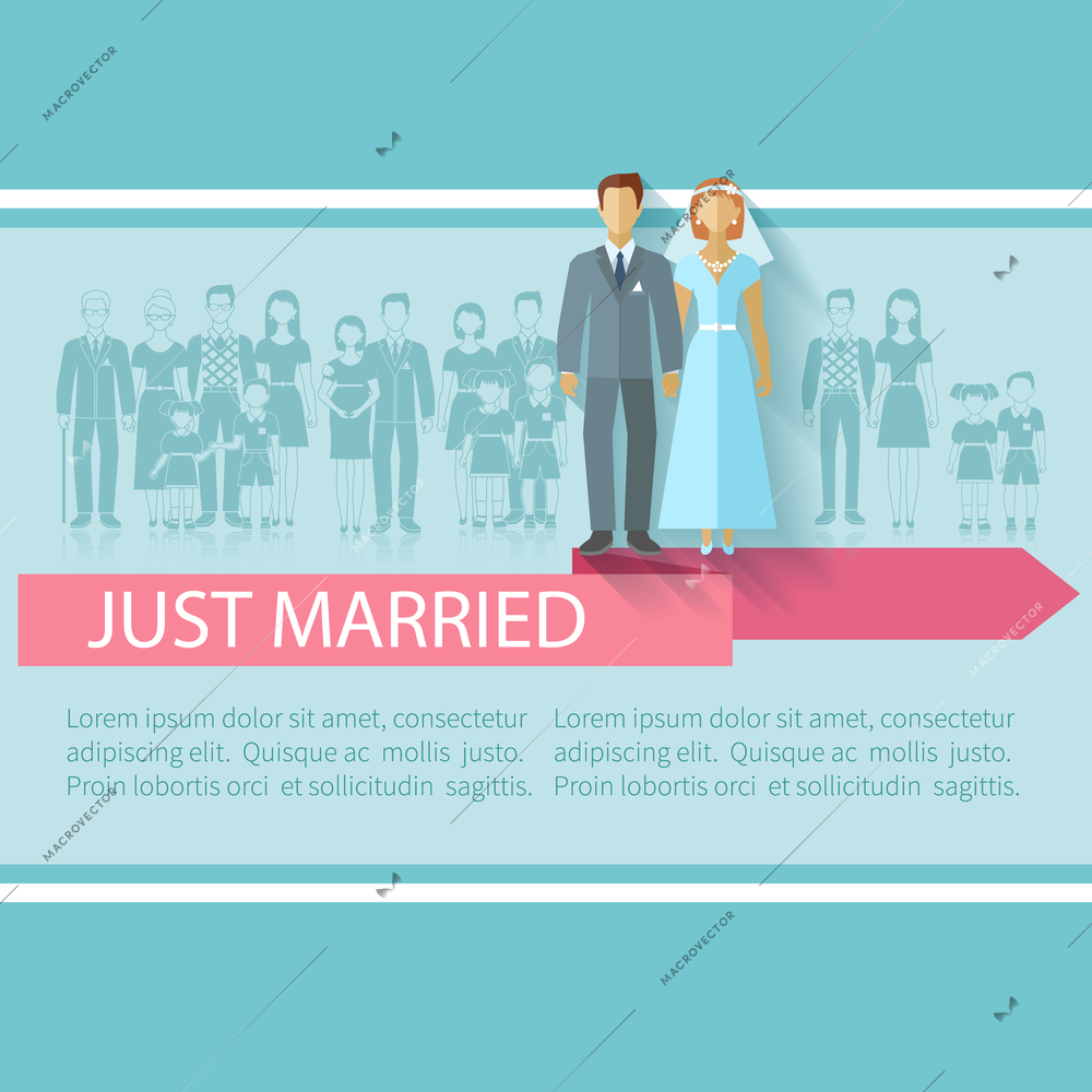 Wedding poster with just married couple and extended family guests flat vector illustration