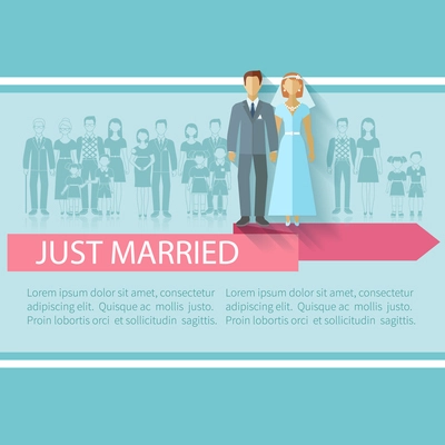 Wedding poster with just married couple and extended family guests flat vector illustration