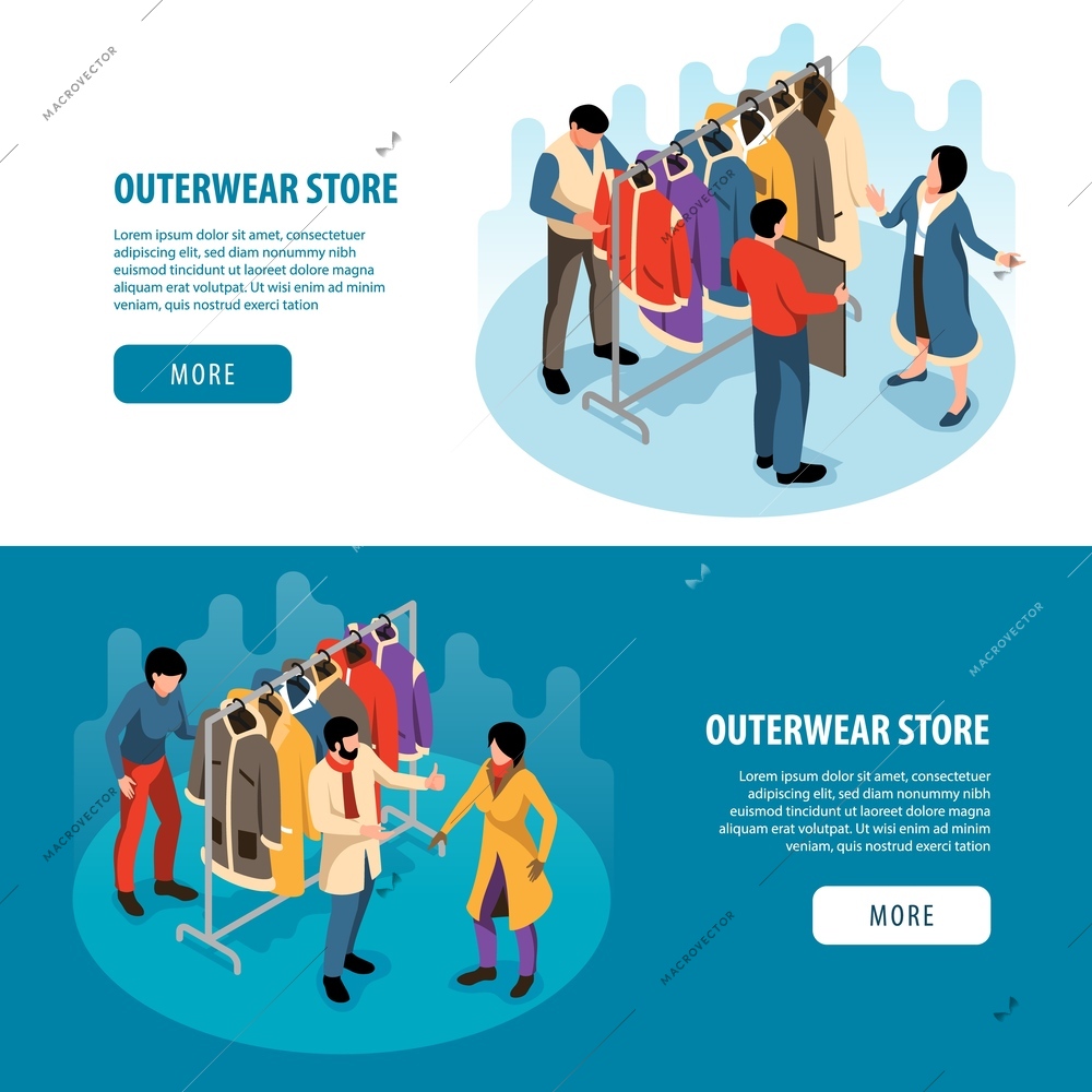 Isometric outerwear store set of two horizontal banners with editable text more buttons and human characters vector illustration