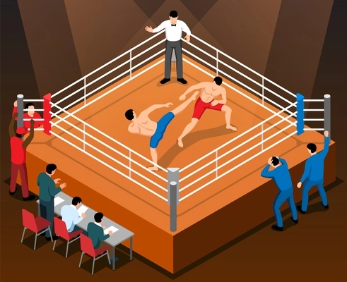 Isometric martial arts kickboxing composition with indoor view of boxing ring fighting athletes referee and judges vector illustration