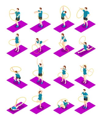Fitness isometric icons set of male and female characters doing exercises with hula hoop on sports mat isolated vector illustration