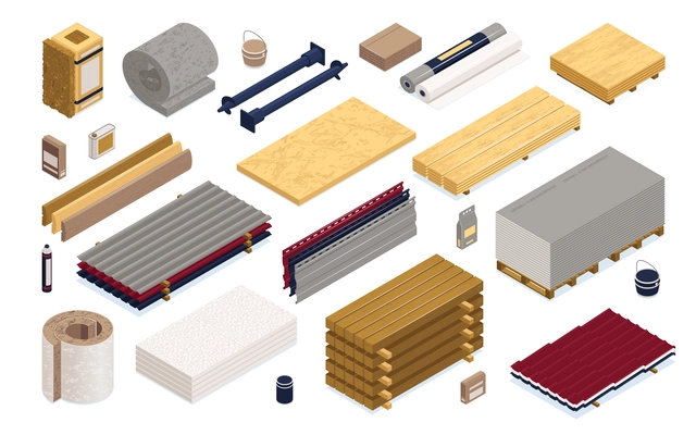 Isometric construction materials color icon set with wooden blocks floorboard drywall siding and other materials vector illustration