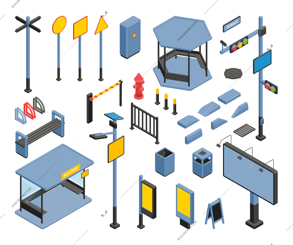 Isometric city elements icon set with sighs billboards street lights gazebos and bus stops traffic lights and street hatches vector illustration