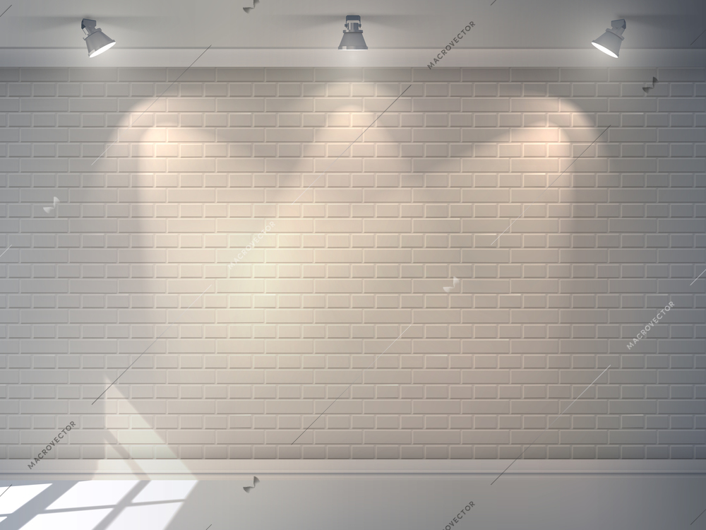 Realistic 3d brick wall with projectors studio interior background vector illustration