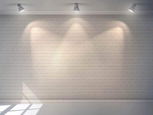 Realistic 3d brick wall with projectors studio interior background vector illustration