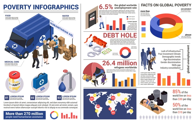 Poverty infographics with characters of volunteers sharing humanitarian aid and shelters with debt charts and text vector illustration