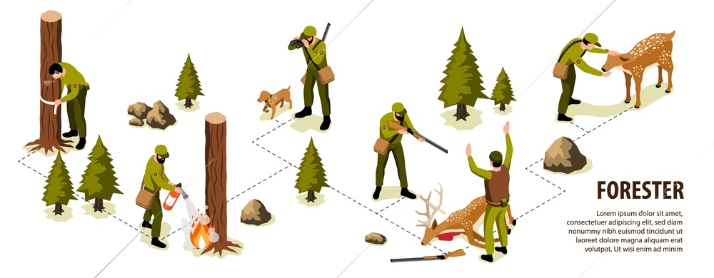 Isometric forester and forest ranger infographics with tree and animals protecting vector illustration