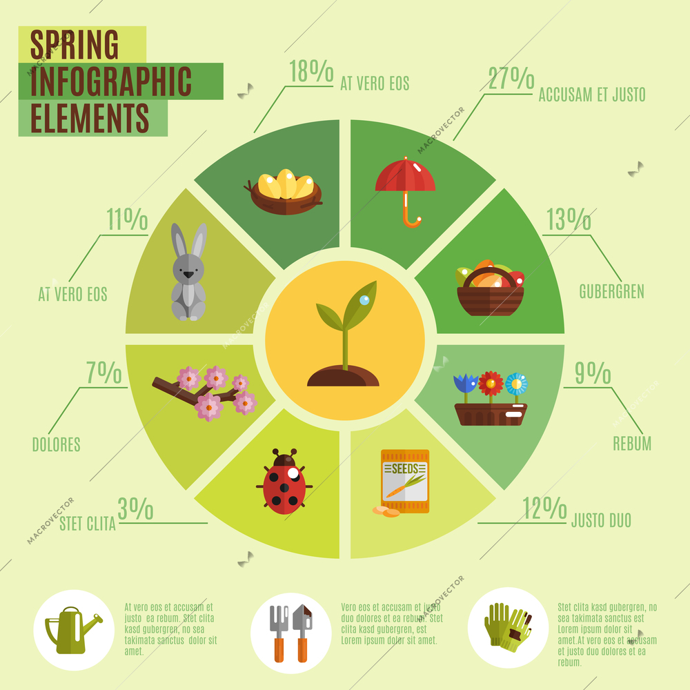 Spring infographics set with pie chart and season symbols elements vector illustration