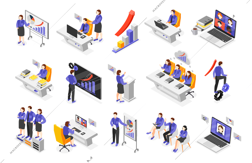 Business training isometric icons set with organization consulting and professional growth symbols isolated vector illustration