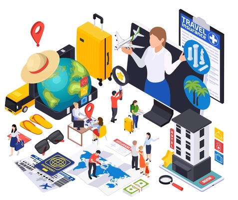 International tourism isometric composition with woman surrounded by flight tickets passport accomodation and travel insurance certificate vector illustration