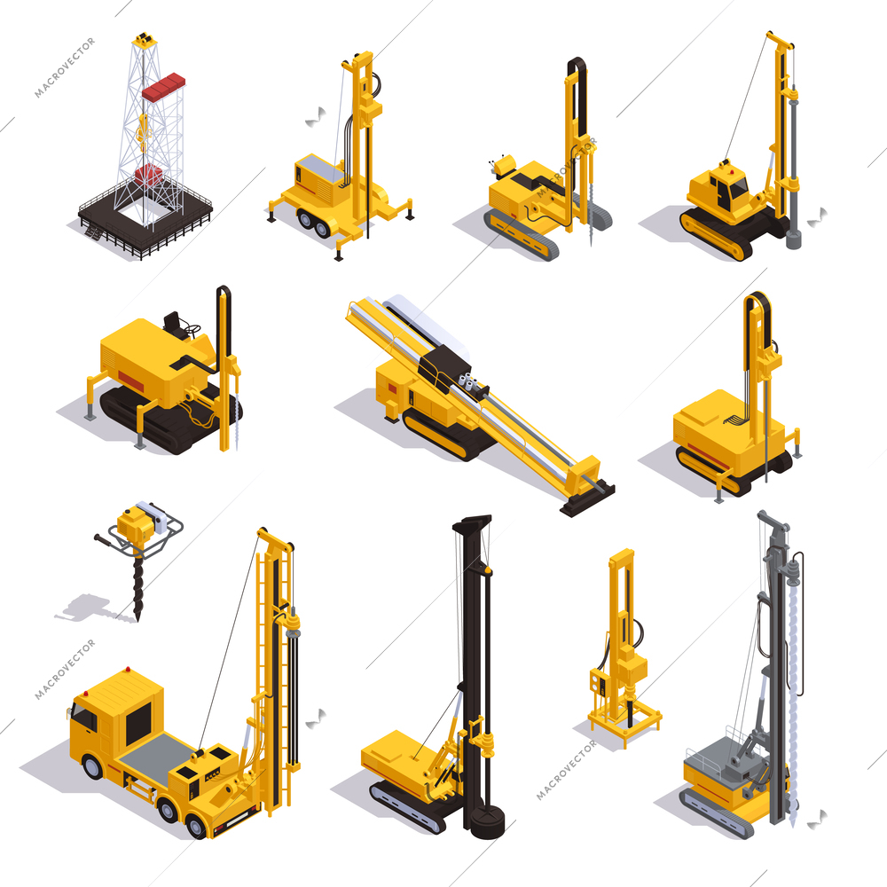 Isometric set of various types of machinery for well drilling isolated against white background 3d vector illustration