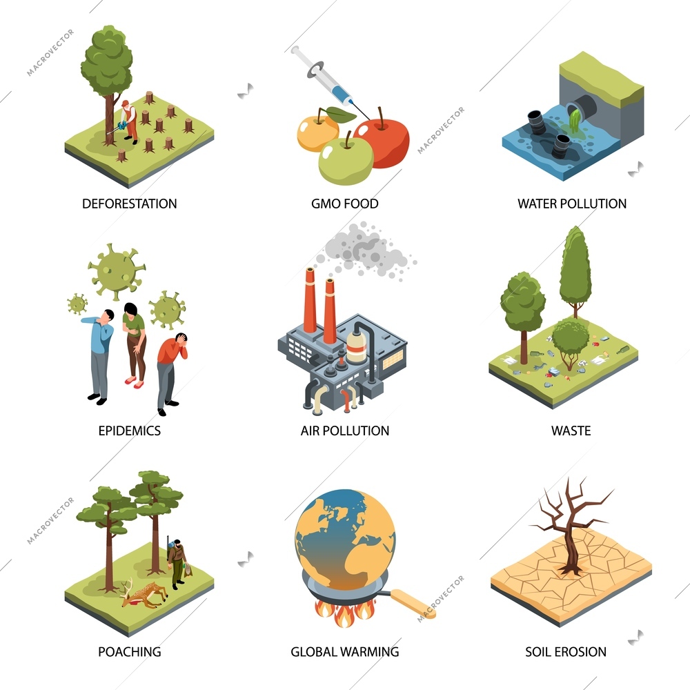 Isometric global environmental problem icons set with epidemics and air pollution isolated vector illustration