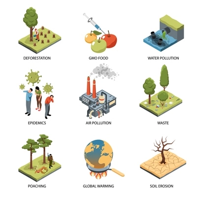 Isometric global environmental problem icons set with epidemics and air pollution isolated vector illustration