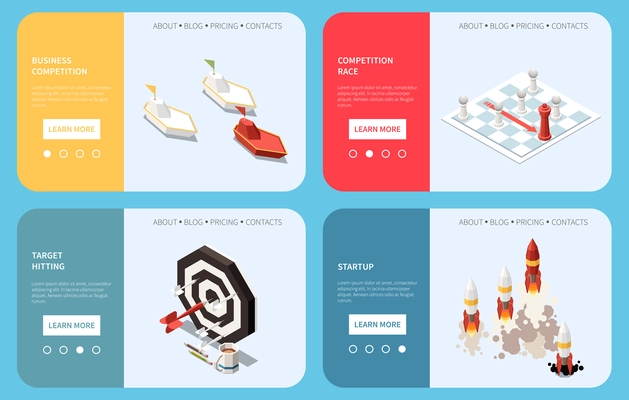 Business competition 2x2 concept set of landing pages depicting startup competition race and target hitting isometric vector illustration