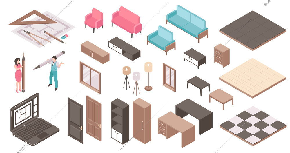 Isometric interior design project set icons with furniture plans and accessories isolated vector illustration