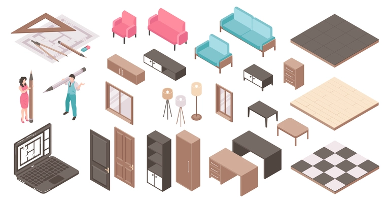 Isometric interior design project set icons with furniture plans and accessories isolated vector illustration