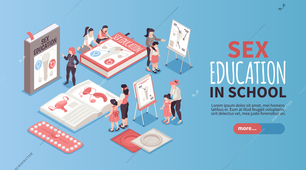 Isometric sex education horizontal banner with sexual awareness at school vector illustration