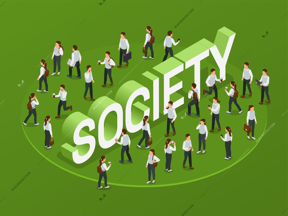 Society isometric green background with walking teens communicating by phone vector illustration