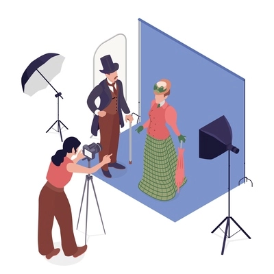 Cosplay photo session isometric vector illustration with  man and woman in vintage dress posing for photographer in studio