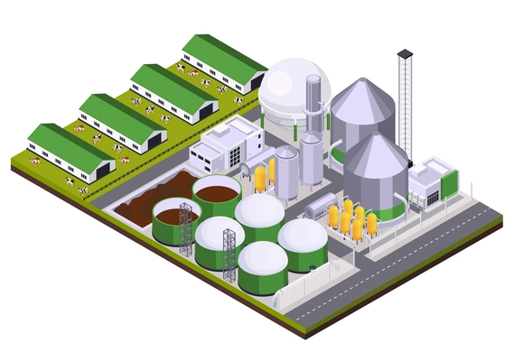 Bio fuel production isometric composition with outdoor view of factory area with farming buildings and animals vector illustration