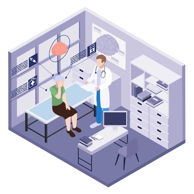 Senior healthcare healthy aging isometric composition with view of doctors office appointment woman having memory problems vector illustration
