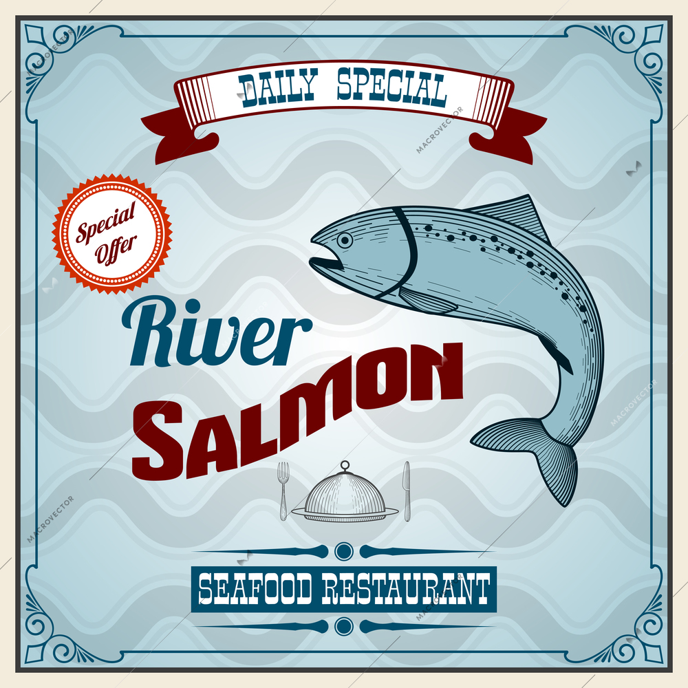 Seafood restaurant retro poster with river salmon fish vector illustration